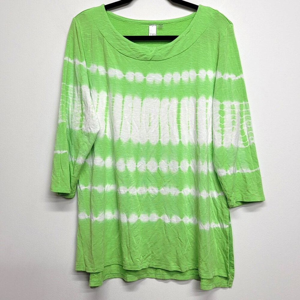 Thomas & Oliva Green White Tie Dye 3/4 Sleeve Tunic Knit Top XL